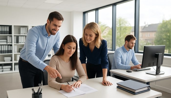 Contemporary office in Yeovil showcasing pristine desks, organised files, and focused employees benefiting from natural light.
