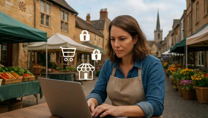 Small business owner in Newent configuring WooCommerce dashboard on laptop amidst market stalls and e-commerce icons.