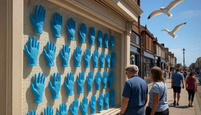 Display of blue latex gloves in a vibrant Lytham St Annes shop window, illuminated by sunlight and accompanied by soaring seagulls.