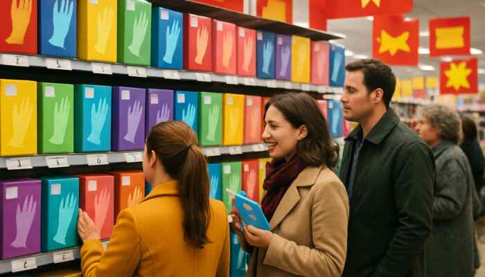 Vibrant Lytham St Annes shop displaying colourful latex glove boxes, priced between £5 and £15, with eager shoppers comparing selections.