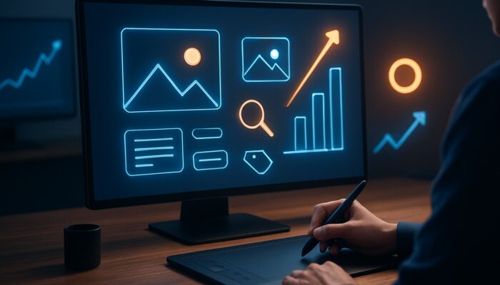 Professional optimising images with alt text, SEO tags, and icons, amidst vibrant Google search graphics and upward arrows.