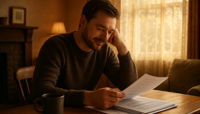 Reflecting on Your Debt Consolidation Decisions: Useful UK Guidance | DCL Individual reviewing consolidated debt documents in a comfortable British living room, showing a sense of relief and clarity.