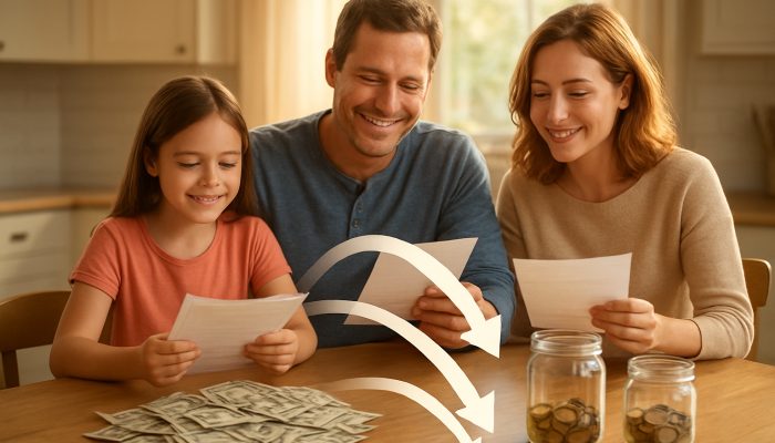 Reflecting on Your Debt Consolidation Decisions: Useful UK Guidance | DCL Family consolidating bills into one payment at a sunlit kitchen table with savings jars