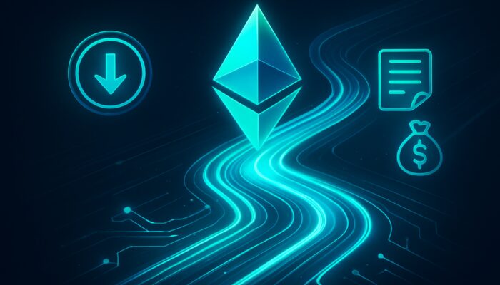 Neon blue-green visualisation displaying reduced Ethereum gas fees through optimised glowing blockchain pathways.