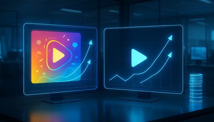 Holographic split-screen showcasing dynamic versus minimalist video ads with performance graphs for A/B testing optimisation