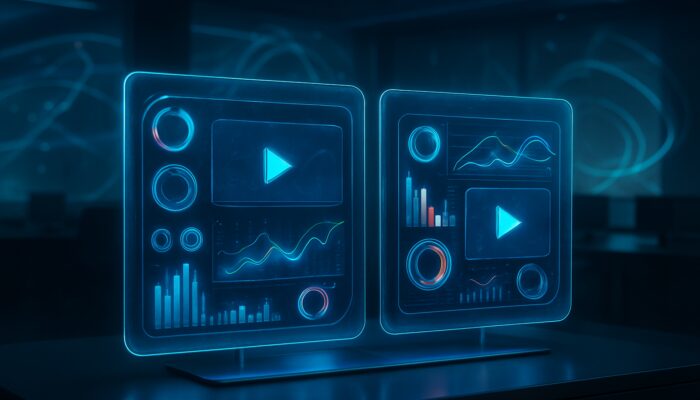 Futuristic split-screen holographic dashboard contrasting two video ad variants with vibrant analytics graphs and metrics.