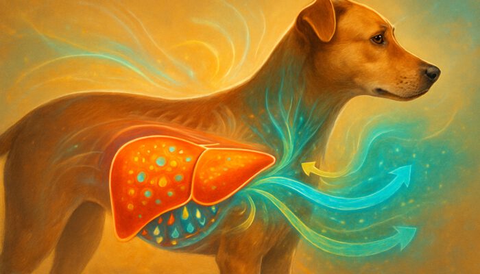 Detailed anatomical illustration showcasing a healthy dog's liver engaged in nutrient processing and immune enhancement.