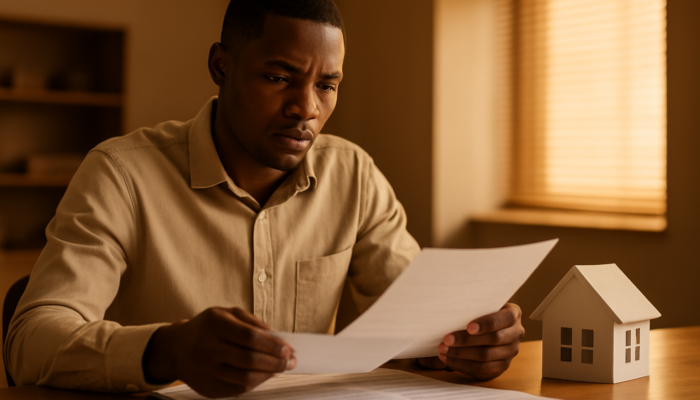 Determined South African applicant reviewing payslips and contracts for a home loan at a bank.