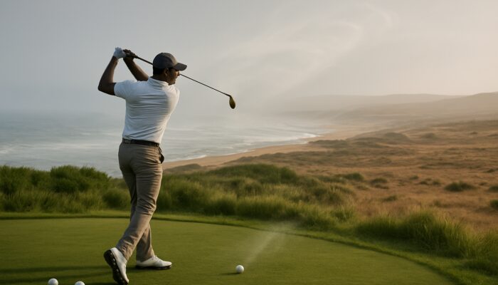 South African golfer selects low-compression balls on misty Durban coast, contrasting with the Karoo plains and a soaring ball in the wind
