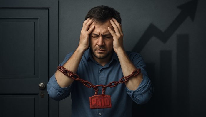 Borrower stressed by missed payments, facing closed mortgage and loan doors with rising insurance costs