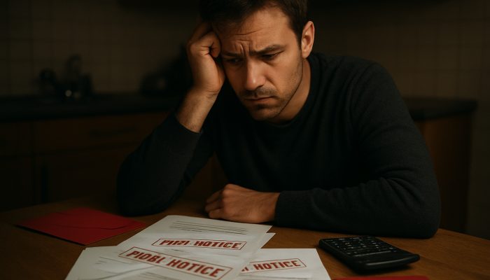 Concerned individual at dimly lit table with overdue gas, electricity and water bills marked as final notice