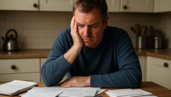 Anxious UK resident at cluttered table surrounded by council tax bills and support letters