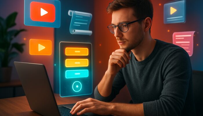 Young creator analysing glowing pricing tiers and YouTube thumbnails on a laptop in a vibrant studio