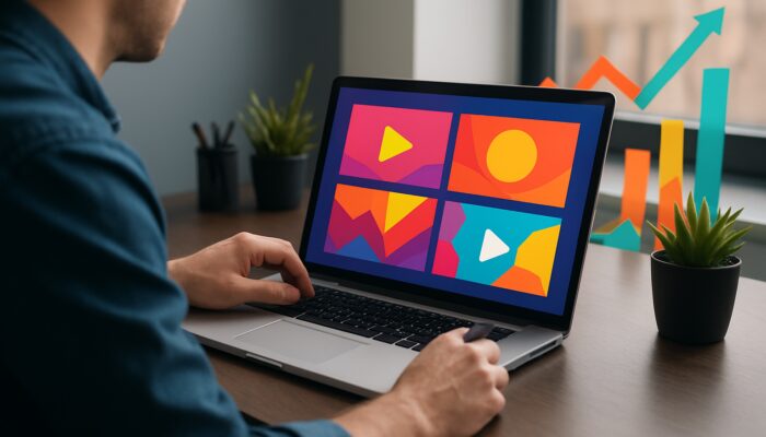 Creator designing vibrant video thumbnails on a laptop with rising engagement graphs in a sleek workspace