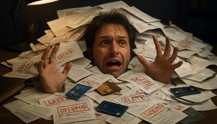 Individual overwhelmed by a chaotic pile of overdue bills and loan documents on a disorganised desk