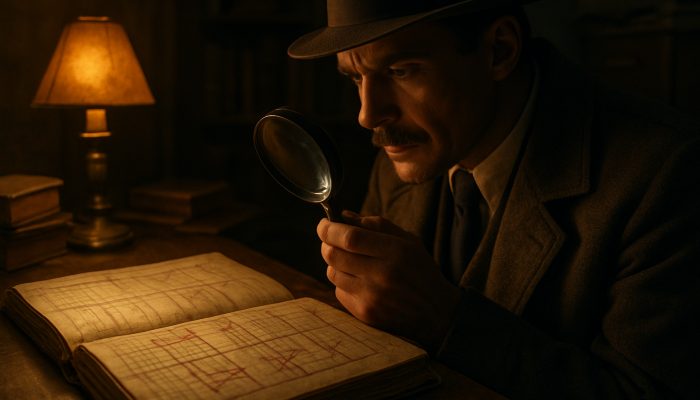 Vintage investigator scrutinising settled accounts in a dusty ledger with a magnifying glass