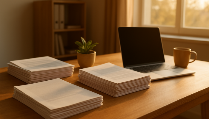 Organised office desk in Beaufort West with neatly stacked loan documents illuminated by sunlight.
