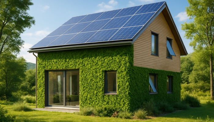 Modern eco-friendly house equipped with solar panels, green walls, and smart windows set in a tranquil landscape.