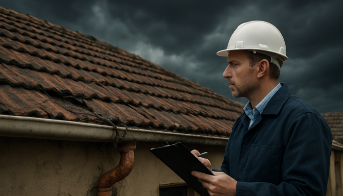 Professional inspector evaluates a cracked roof and exposed wires on an older South African home in Springs under a stormy sky.