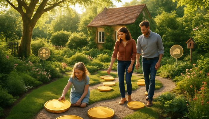 Aligning Money Choices With Your Key Values: Practical Advice | DCL UK family guiding golden coins through sunlit sustainable cottage garden toward family and community icons.