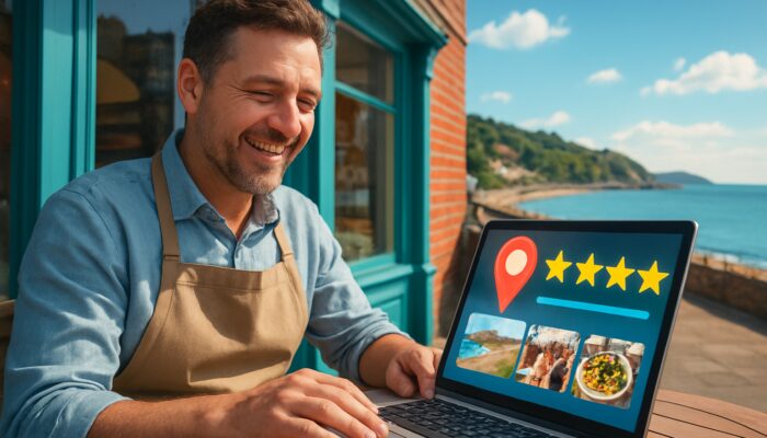 Torbay shop owner updating Google Business Profile on laptop with a coastal view.