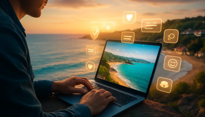 Digital marketer optimising a Torbay tourism website's meta tags on laptop amidst scenic beaches and icons.