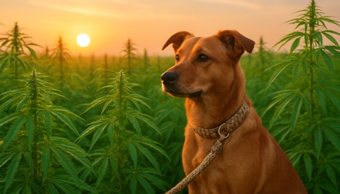 Dog on a hemp leash in a vibrant sunrise hemp field, representing sustainable pet products