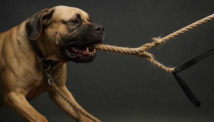 Large dog pulling an unbreakable hemp leash next to a snapping nylon leash in a tension test