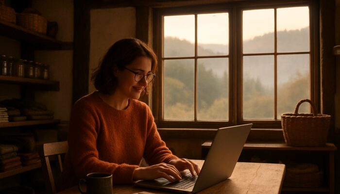 Small business owner diligently blogging on a laptop in a charming Lydney shop, with misty views of the Forest of Dean