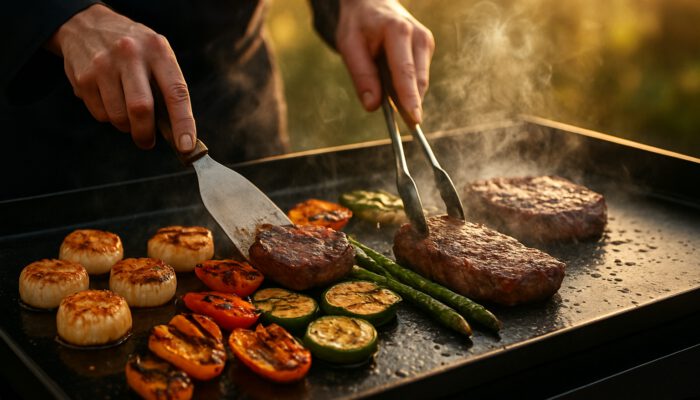 Chef's hands searing scallops, vegetables, and steaks on a sizzling outdoor plancha grill during golden hour.