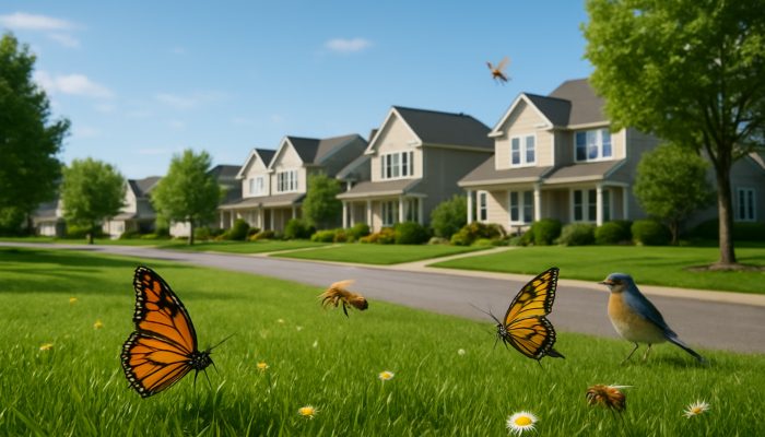 A stunning Ilchester neighbourhood showcasing lush lawns, butterflies, bees, and songbirds under clear skies.