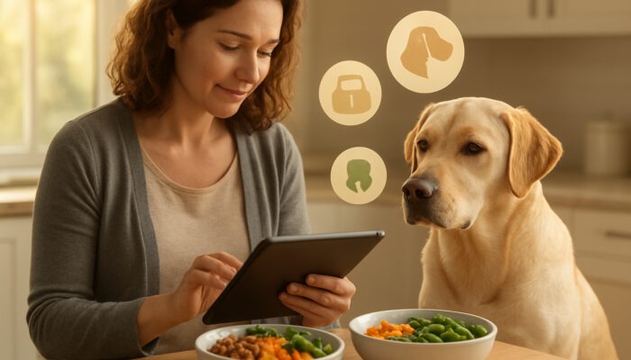 Owner reviewing Labrador health data on a tablet alongside customised nutrition bowls in the kitchen