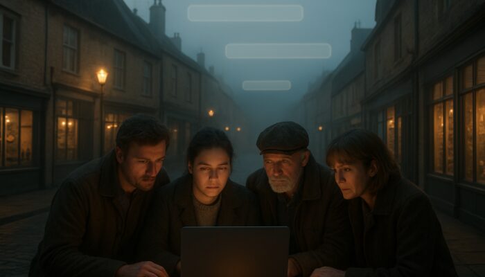 Shopkeepers gather around a laptop displaying "plumbers in Corsham" terms amidst a misty dusk street.