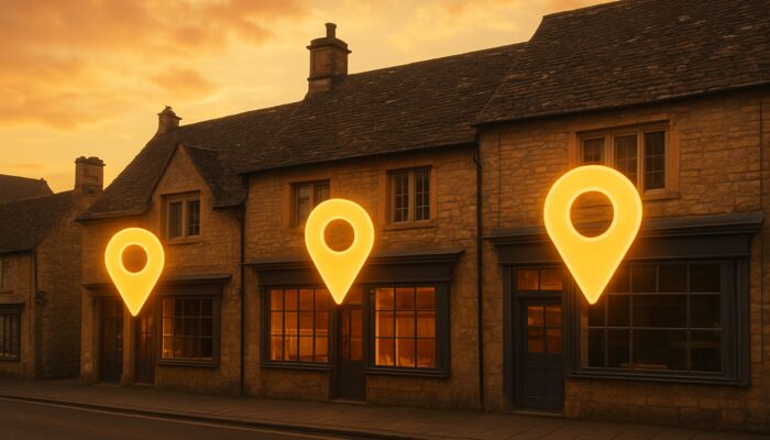 Corsham stone storefronts with glowing citation pins to Yell and Yelp at twilight