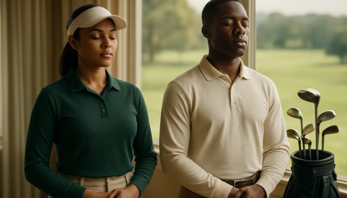 South African golfers practicing focused breathing in an elegant clubhouse overlooking lush fairways