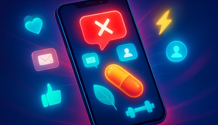 Smartphone screen pulsing with real-time X notifications, glowing supplements, and wellness icons