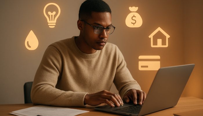 Setting up Automatic Extra Payments: Your Complete Guide | DCL Person reviewing bank statements on laptop with floating icons of utilities, subscriptions, and loans