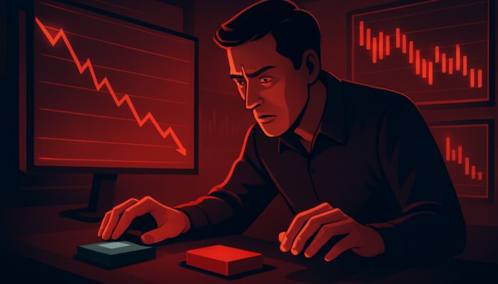 Tense trader at glowing screens amid plunging red charts, choosing limit vs market orders in volatile markets