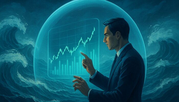 Trader setting limit orders on holographic screen amid volatile market waves with protective barrier