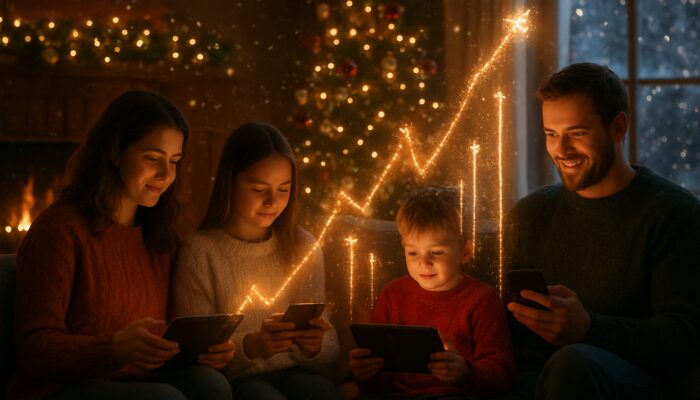 Cozy Christmas living room with families streaming videos amid rising engagement graphs and falling snow.