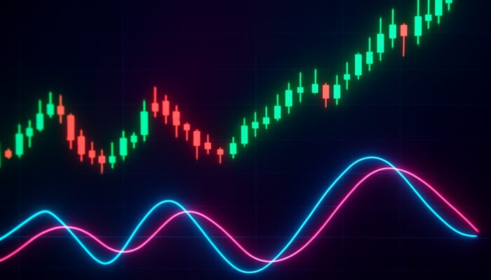Dynamic trading interface displaying Trix indicator crossovers, divergences, and ascending price candles in a neon setting.