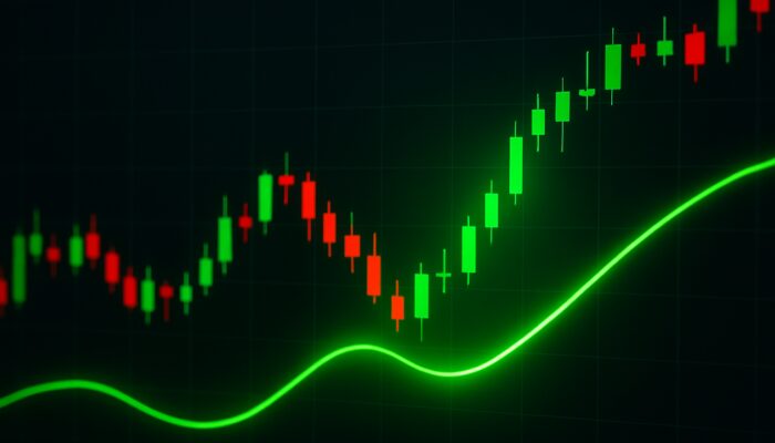 Trading chart showcasing green Trix line crossing above zero amidst candlesticks for bullish buy signal