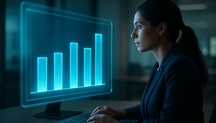 Marketer analysing a holographic dashboard displaying glowing bar charts that compare video ad engagement rates to industry benchmarks.