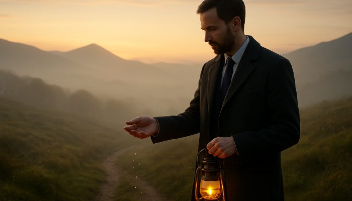 Calm UK professional with lantern tending symbolic seeds on a misty hillside at dawn