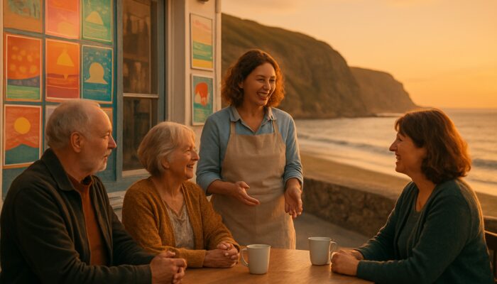 Seaton cafe owner chats with locals amid colourful posters, ocean cliffs, and warm sunset light.