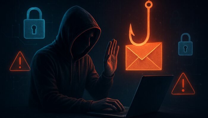 User shielding laptop from phishing email threats with digital locks and security alerts