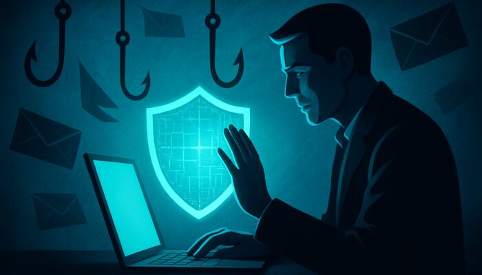 Professional deflecting phishing emails with digital shield on glowing laptop to promote cybersecurity awareness