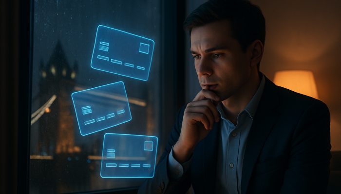 A young professional scrutinising holographic credit cards in a London apartment overlooking Big Ben at night.