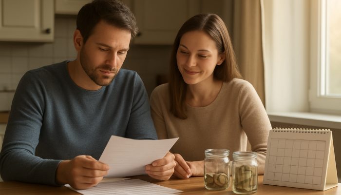 A British couple reviewing loan documents at their kitchen table, accompanied by a debt-free calendar and savings jars in the morning light.
