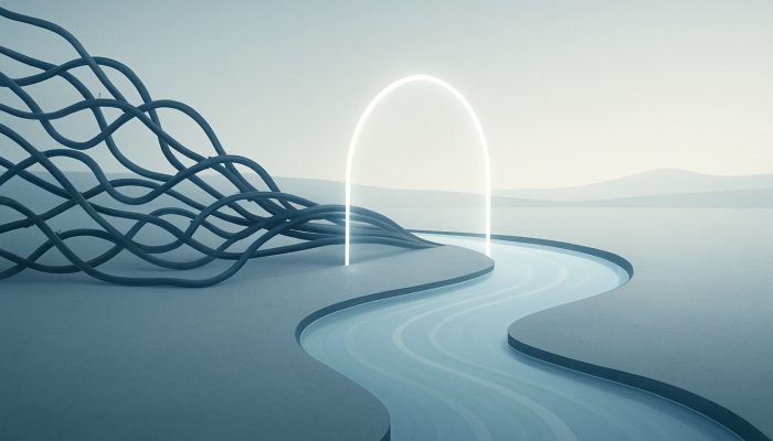 Minimalist landscape of tangled debt streams merging into a steady river behind a glowing protective barrier.